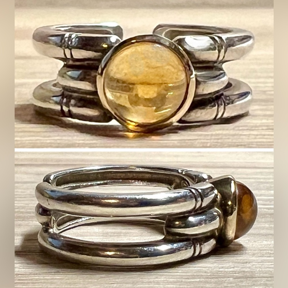 Designer Hallmarked M Sterling Silver & 18K Gold Bezel Set Citrine Ring, Size 6